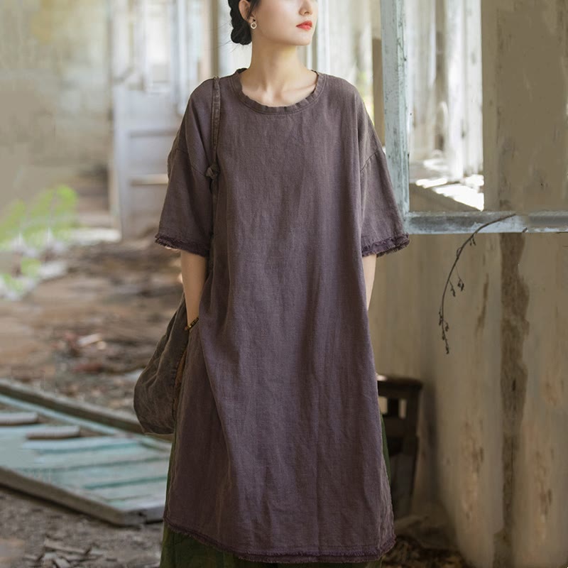 Buddha Stones Mittellanges Kleid Ramie Leinen Halbarm Top T-Shirt mit Schlitz am Saum - image 17