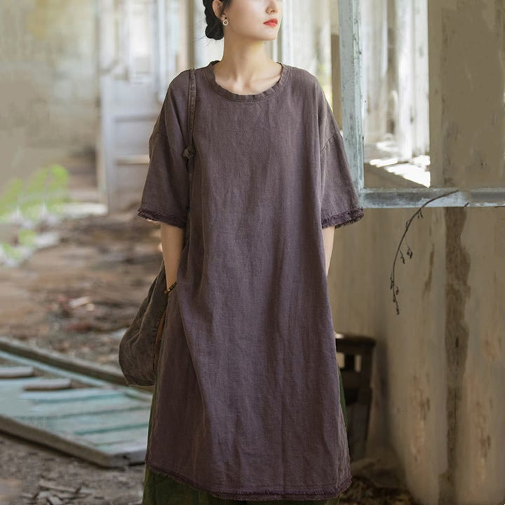 Buddha Stones Mittellanges Kleid Ramie Leinen Halbarm Top T-Shirt mit Schlitz am Saum - image 17