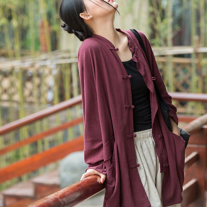 Buddha Stones Frog-Button Langarm Zen Meditation offene Vorderseite Jacke mit Taschen - image 2