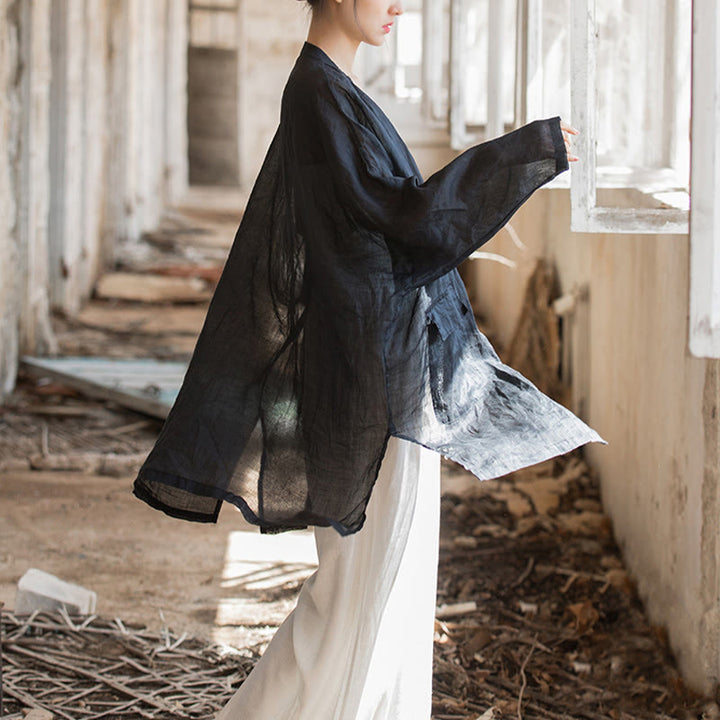 Buddha Stones Schwarze Zen-Meditationsjacke mit Froschknöpfen und langen Ärmeln und Taschen