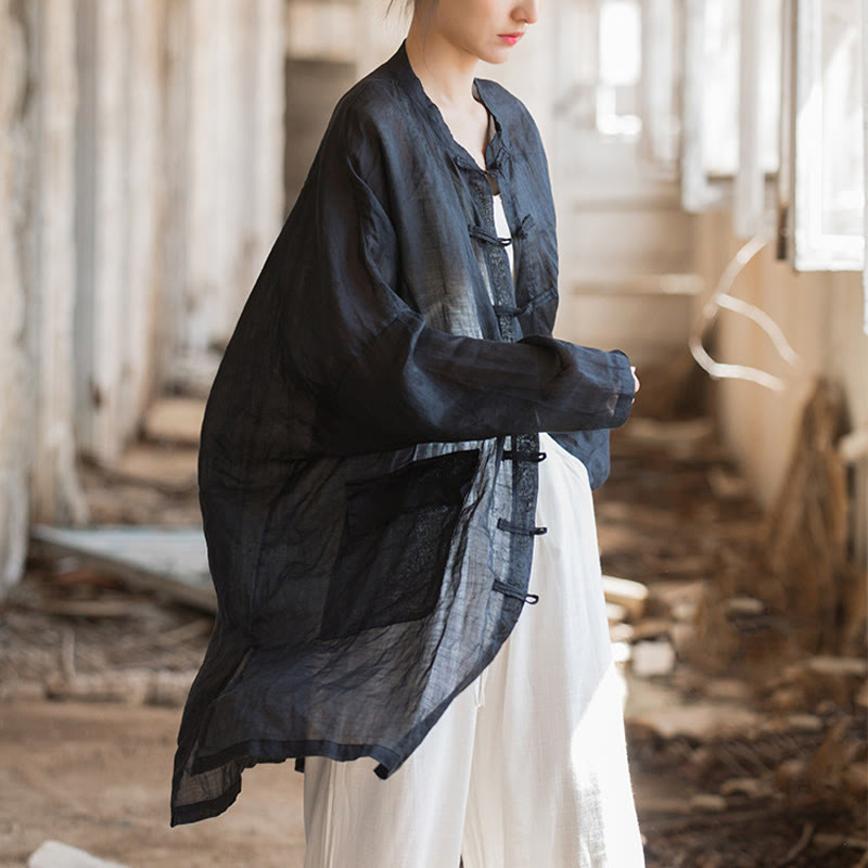 Buddha Stones Schwarze Zen-Meditationsjacke mit Froschknöpfen und langen Ärmeln und Taschen