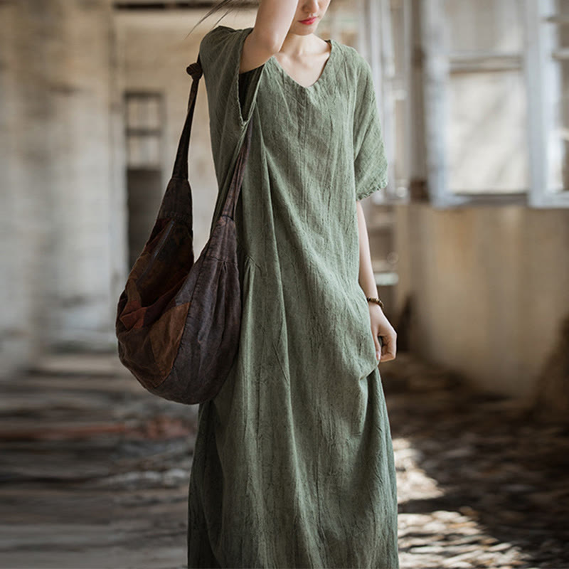 Buddha Stones Handgemachtes Batik-Midikleid mit V-Ausschnitt und kurzen Ärmeln aus Leinen - Grün (Brustumfang 120 cm/Länge 120 cm) (Nur Kleid) - image 0