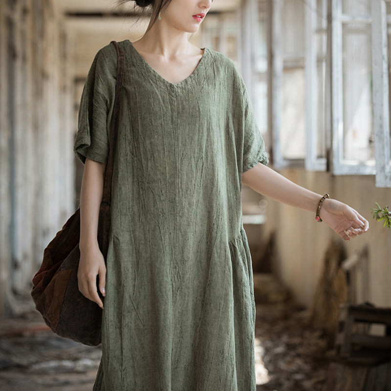 Buddha Stones Handgemachtes Batik-Midikleid mit V-Ausschnitt und kurzen Ärmeln aus Leinen - image 1