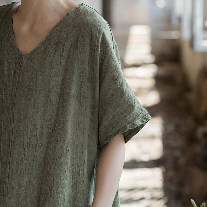 Buddha Stones Handgemachtes Batik-Midikleid mit V-Ausschnitt und kurzen Ärmeln aus Leinen - image 5