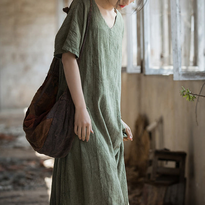 Buddha Stones Handgemachtes Batik-Midikleid mit V-Ausschnitt und kurzen Ärmeln aus Leinen - image 3