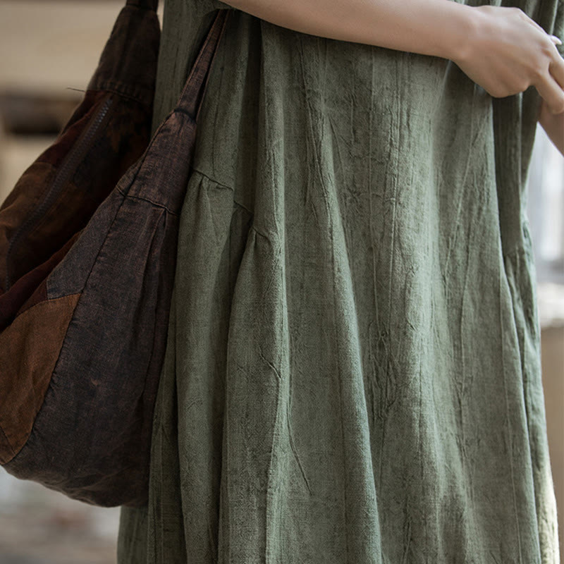 Buddha Stones Handgemachtes Batik-Midikleid mit V-Ausschnitt und kurzen Ärmeln aus Leinen - image 6