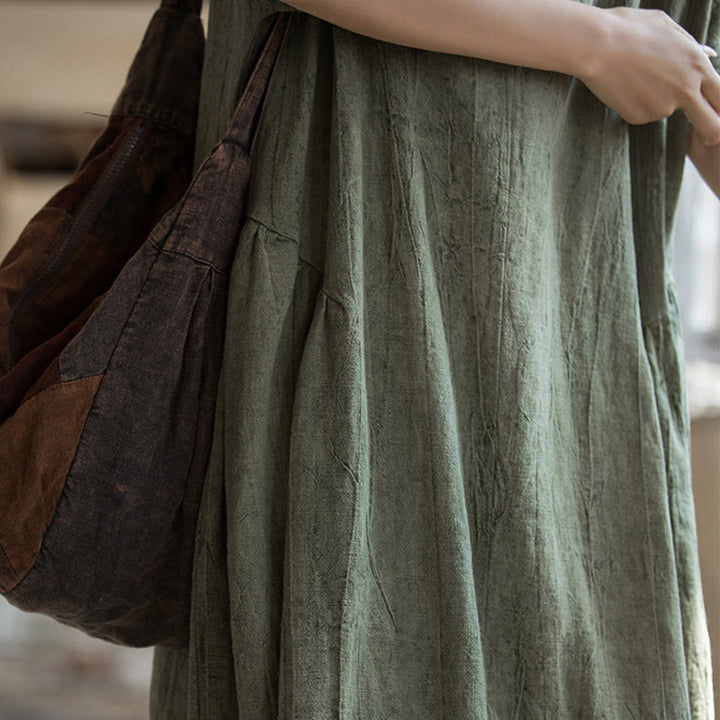 Buddha Stones Handgemachtes Batik-Midikleid mit V-Ausschnitt und kurzen Ärmeln aus Leinen - image 6