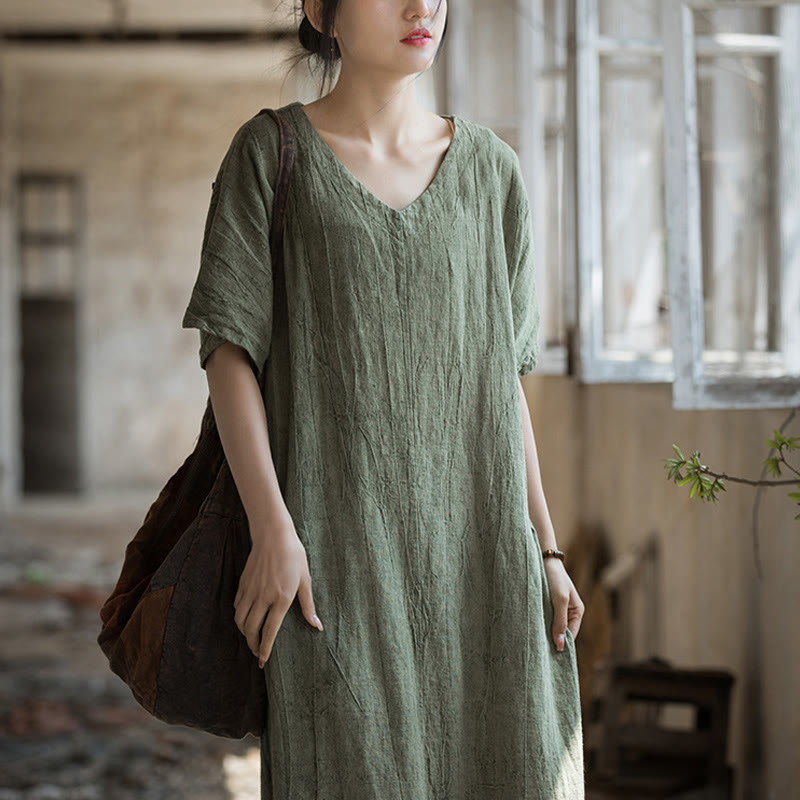 Buddha Stones Handgemachtes Batik-Midikleid mit V-Ausschnitt und kurzen Ärmeln aus Leinen - image 2