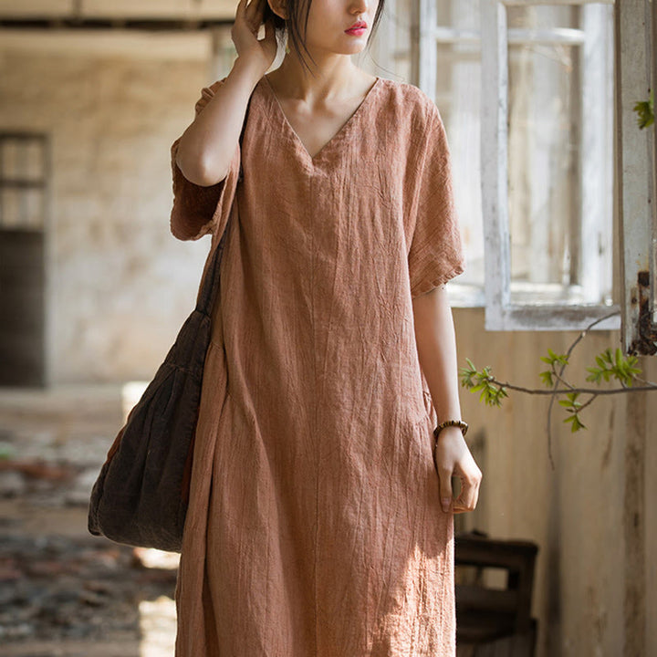 Buddha Stones Handgemachtes Batik-Midikleid mit V-Ausschnitt und kurzen Ärmeln aus Leinen - image 9