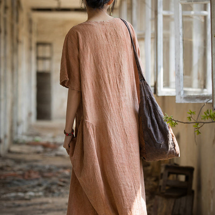 Buddha Stones Handgemachtes Batik-Midikleid mit V-Ausschnitt und kurzen Ärmeln aus Leinen - image 11