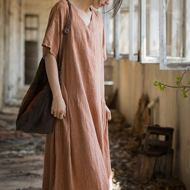 Buddha Stones Handgemachtes Batik-Midikleid mit V-Ausschnitt und kurzen Ärmeln aus Leinen - image 12