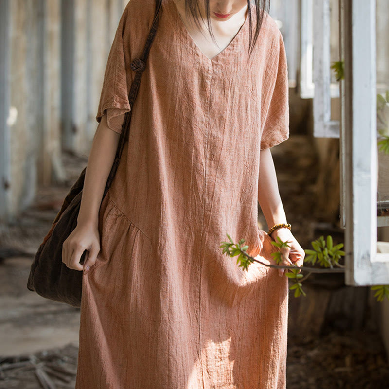 Buddha Stones Handgemachtes Batik-Midikleid mit V-Ausschnitt und kurzen Ärmeln aus Leinen - image 15