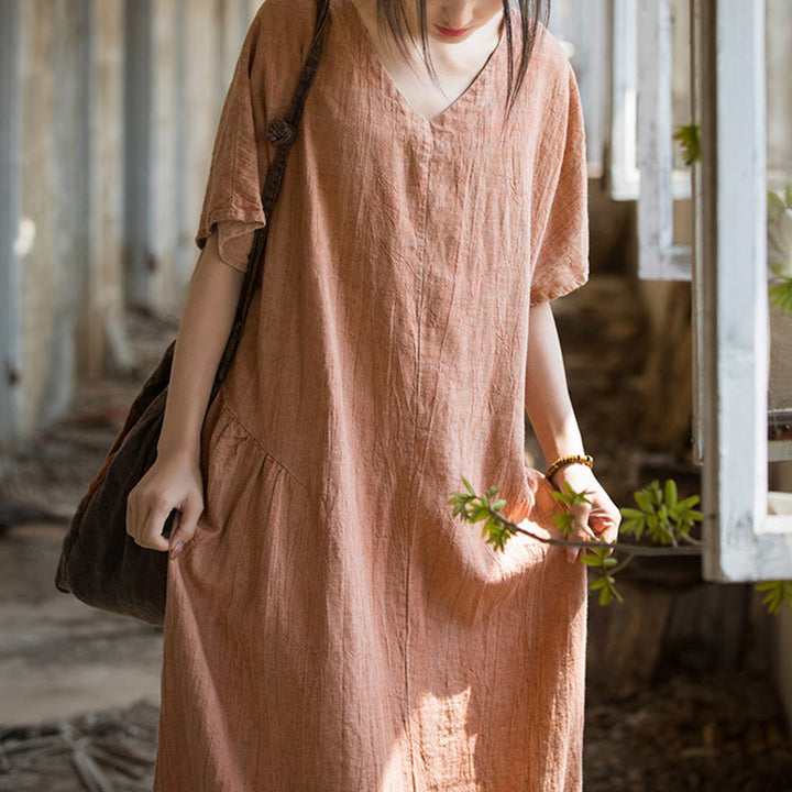 Buddha Stones Handgemachtes Batik-Midikleid mit V-Ausschnitt und kurzen Ärmeln aus Leinen - image 15