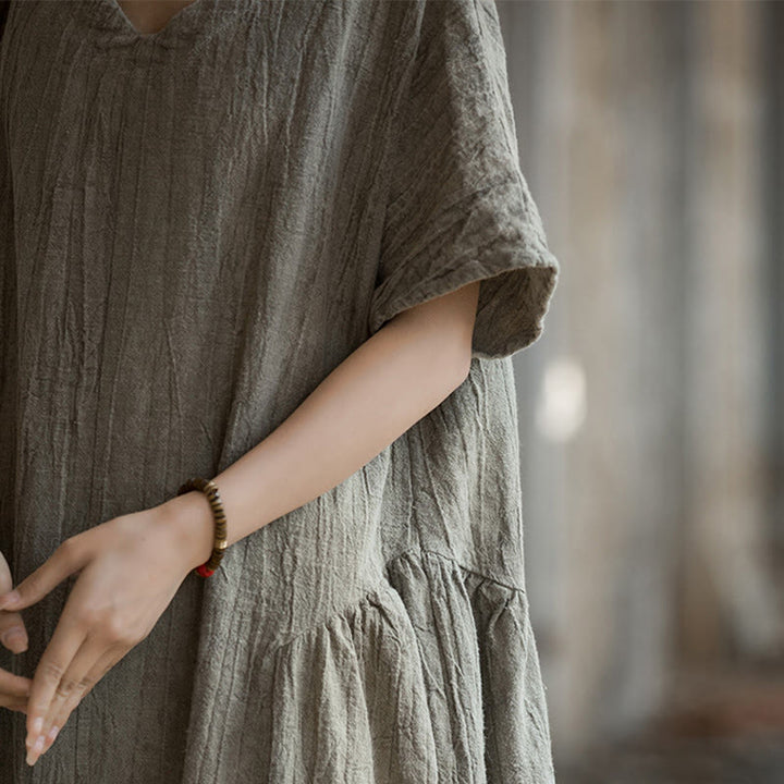 Buddha Stones Handgemachtes Batik-Midikleid mit V-Ausschnitt und kurzen Ärmeln aus Leinen - image 25