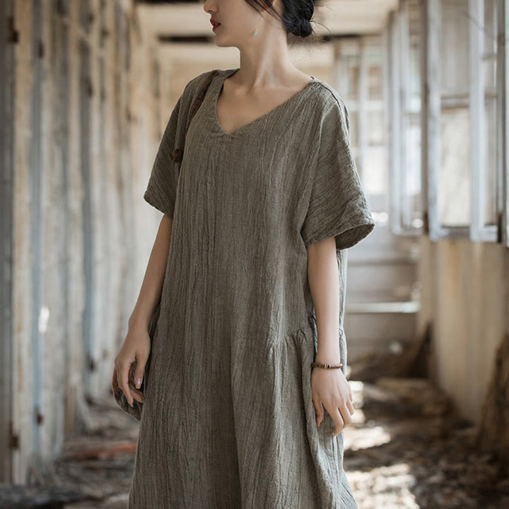 Buddha Stones Handgemachtes Batik-Midikleid mit V-Ausschnitt und kurzen Ärmeln aus Leinen - image 21