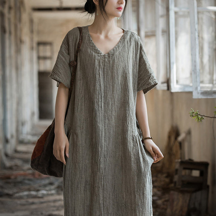 Buddha Stones Handgemachtes Batik-Midikleid mit V-Ausschnitt und kurzen Ärmeln aus Leinen - image 18