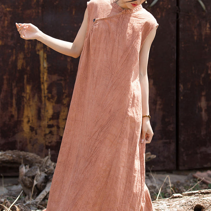 Buddha Stones Handgemachtes Batik-Midikleid aus Leinen, ärmelloses Kleid - Orange (Brustumfang 116 cm / Schulterbreite 39 cm / Länge 115 cm) (Nur Kleid) - image 0