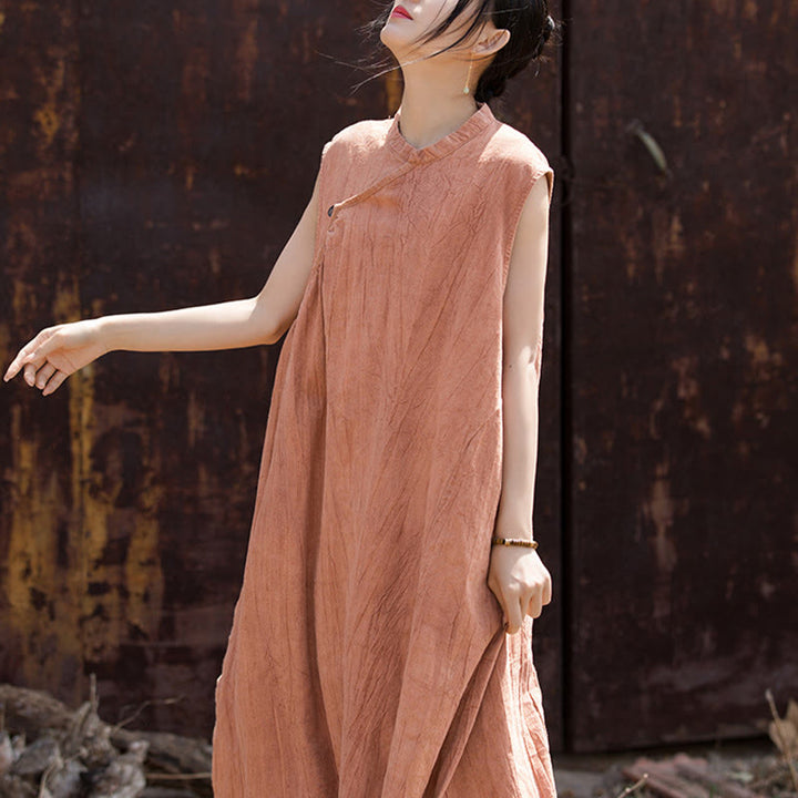 Buddha Stones Handgemachtes Batik-Midikleid aus Leinen, ärmelloses Kleid - image 3