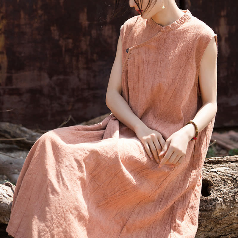 Buddha Stones Handgemachtes Batik-Midikleid aus Leinen, ärmelloses Kleid - image 4