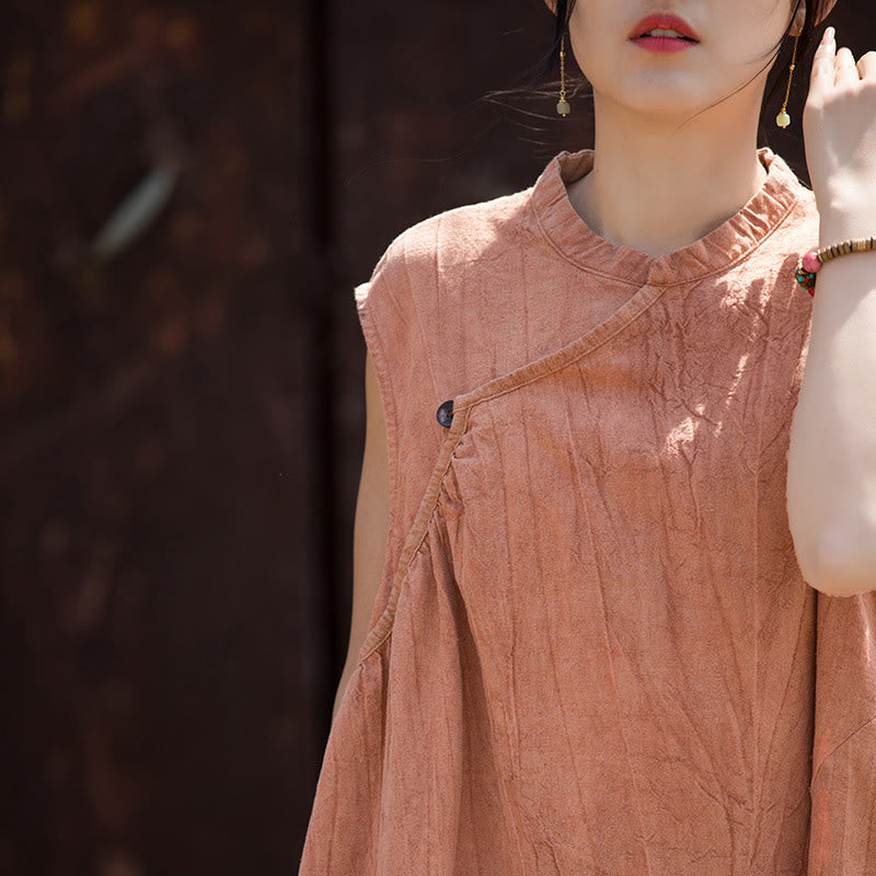 Buddha Stones Handgemachtes Batik-Midikleid aus Leinen, ärmelloses Kleid - image 5