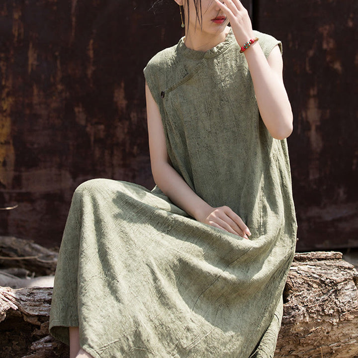 Buddha Stones Handgemachtes Batik-Midikleid aus Leinen, ärmelloses Kleid - image 9