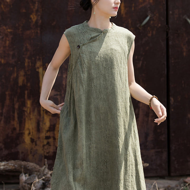 Buddha Stones Handgemachtes Batik-Midikleid aus Leinen, ärmelloses Kleid - image 11