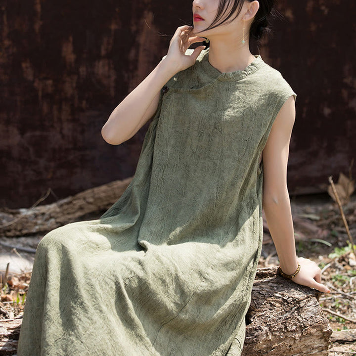 Buddha Stones Handgemachtes Batik-Midikleid aus Leinen, ärmelloses Kleid - image 10