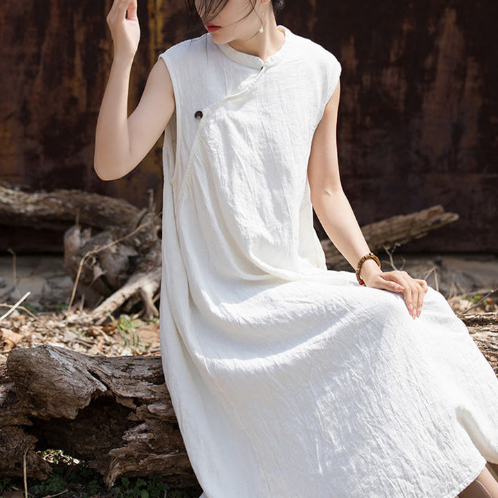 Buddha Stones Handgemachtes Batik-Midikleid aus Leinen, ärmelloses Kleid - image 17