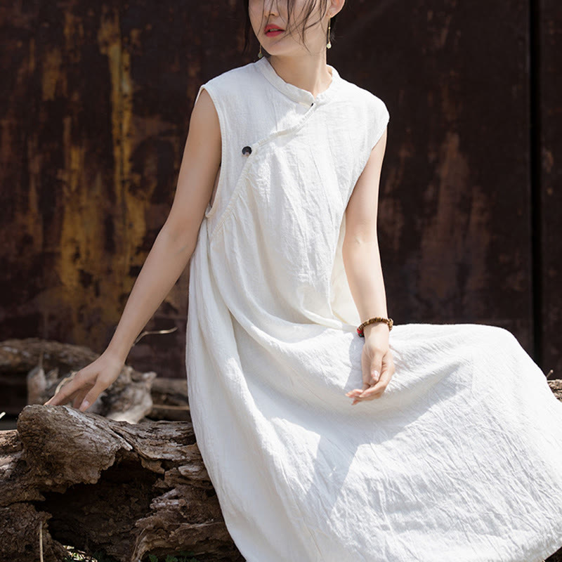 Buddha Stones Handgemachtes Batik-Midikleid aus Leinen, ärmelloses Kleid - image 16