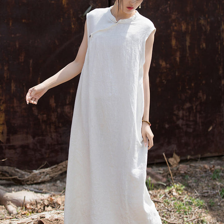 Buddha Stones Handgemachtes Batik-Midikleid aus Leinen, ärmelloses Kleid - image 14