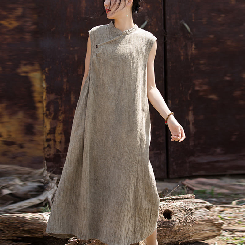 Buddha Stones Handgemachtes Batik-Midikleid aus Leinen, ärmelloses Kleid - Beige (Brustumfang 116 cm / Schulterbreite 39 cm / Länge 115 cm) (Nur Kleid) - image 19