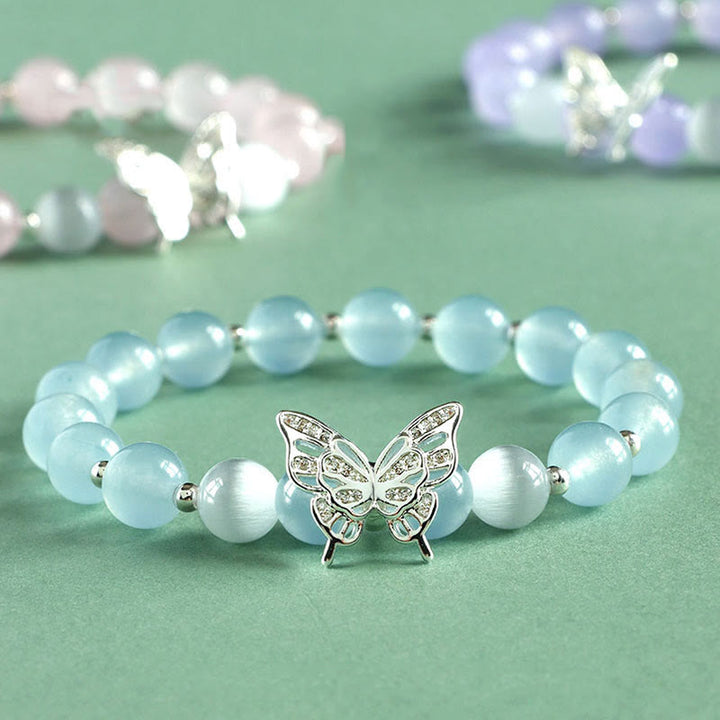 Buddha Stones Blauer Chalcedon Rosa Kristall Lila Chalcedon Schmetterling Energiearmband - Blauer Chalcedon (Handgelenkumfang 14-16 cm) - image 0