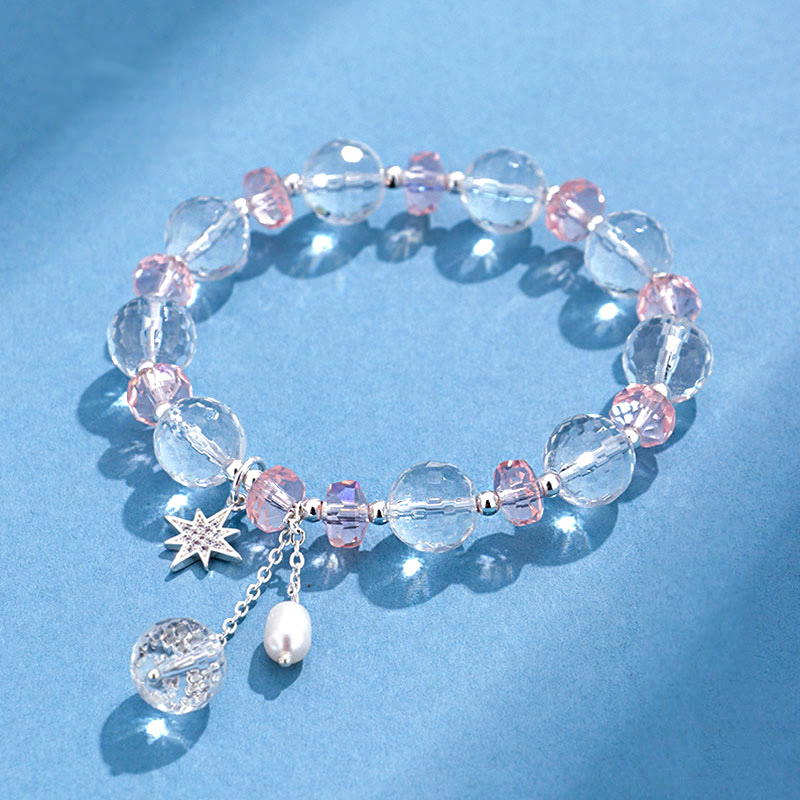 Buddha Stones Armband mit Charms , Weiß Kristall, rosa Kristall, Schutzstern - Weißer Kristall (Handgelenkumfang 14-16 cm) - image 0
