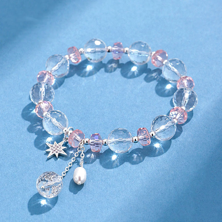 Buddha Stones Armband mit Charms , Weiß Kristall, rosa Kristall, Schutzstern - Weißer Kristall (Handgelenkumfang 14-16 cm) - image 0