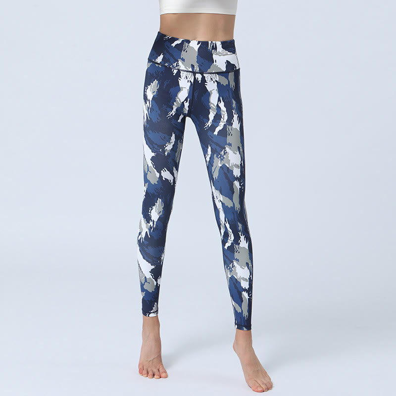 Buddha-Steine, Blumen, Blätter-Druck, Sport, Fitness, Yoga, hohe Taille, Leggings für Damen - Dunkelblau Weiß - US 8-10, UK/AU 12-14, EU 40-42 (XL) - image 1