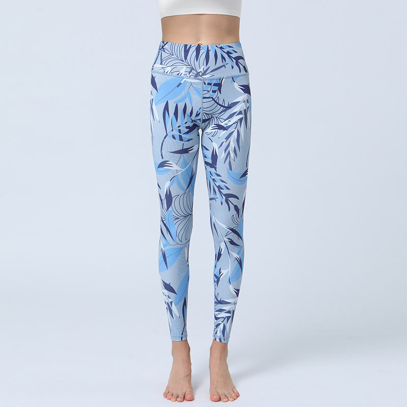 Buddha-Steine, Blumen, Blätter-Druck, Sport, Fitness, Yoga, hohe Taille, Leggings für Damen - Hellblaue Blätter - US 8-10, UK/AU 12-14, EU 40-42 (XL) - image 10