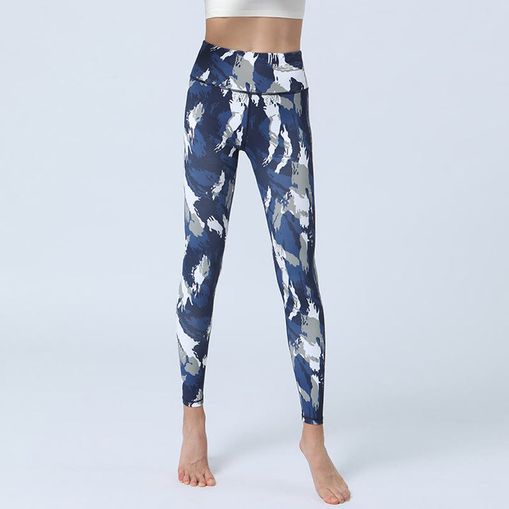 Buddha-Steine, Blumen, Blätter-Druck, Sport, Fitness, Yoga, hohe Taille, Leggings für Damen - Dunkelblau Weiß - US 8-10, UK/AU 12-14, EU 40-42 (XL) - image 1