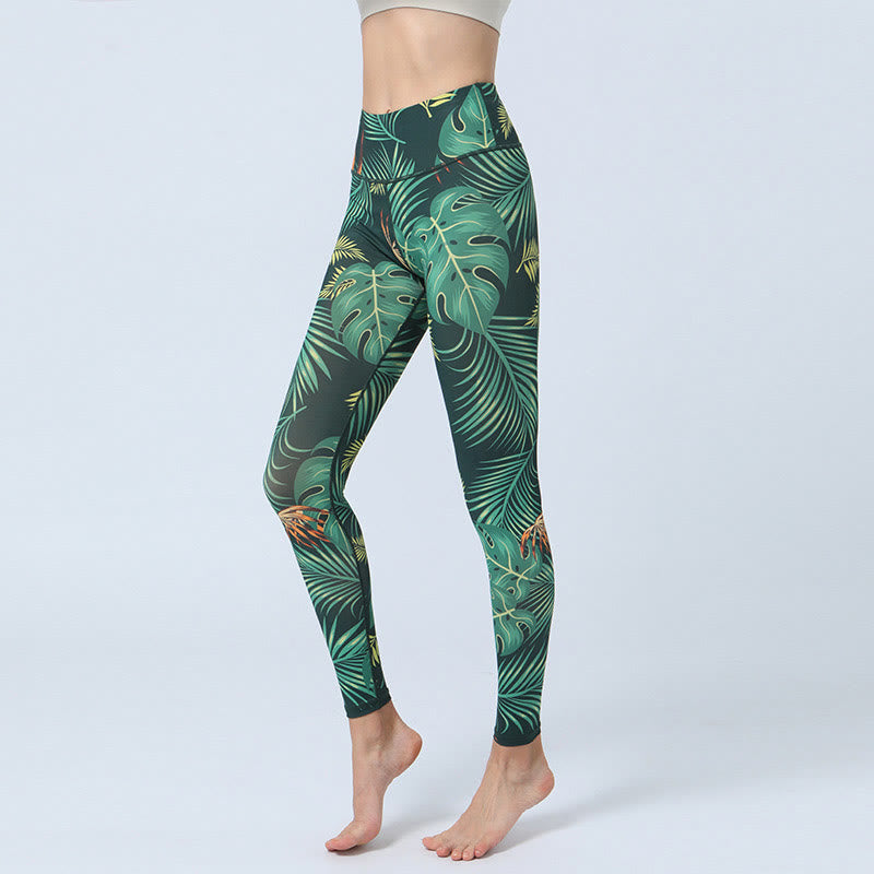 Buddha-Steine-Blätter-Muster, Sport, Fitness, Yoga, hohe Taille, Leggings für Damen - Grüne Blätter - US8-10， UK/AU12-14，EU40-42 (XL) - image 1