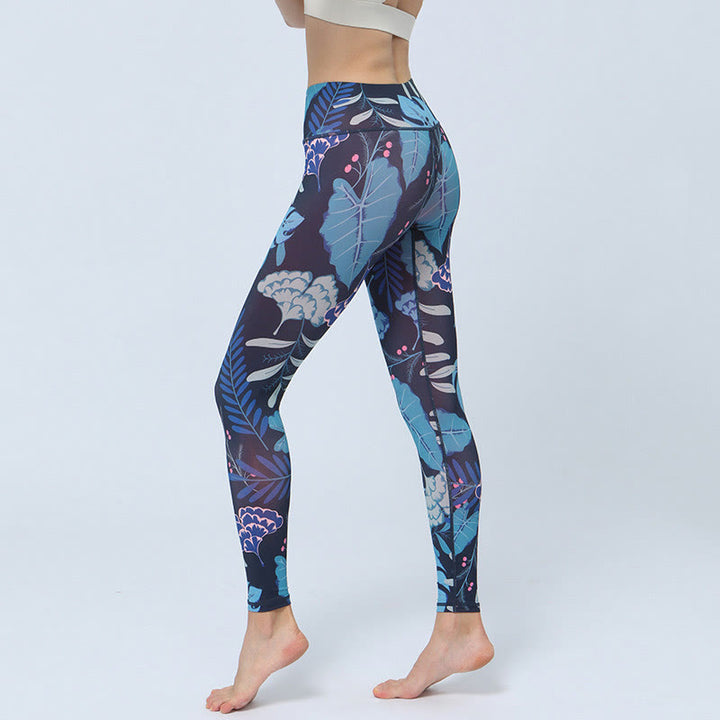 Buddha-Steine-Blätter-Muster, Sport, Fitness, Yoga, hohe Taille, Leggings für Damen - Dunkelblaue Blätter - US8-10， UK/AU12-14，EU40-42 (XL) - image 10