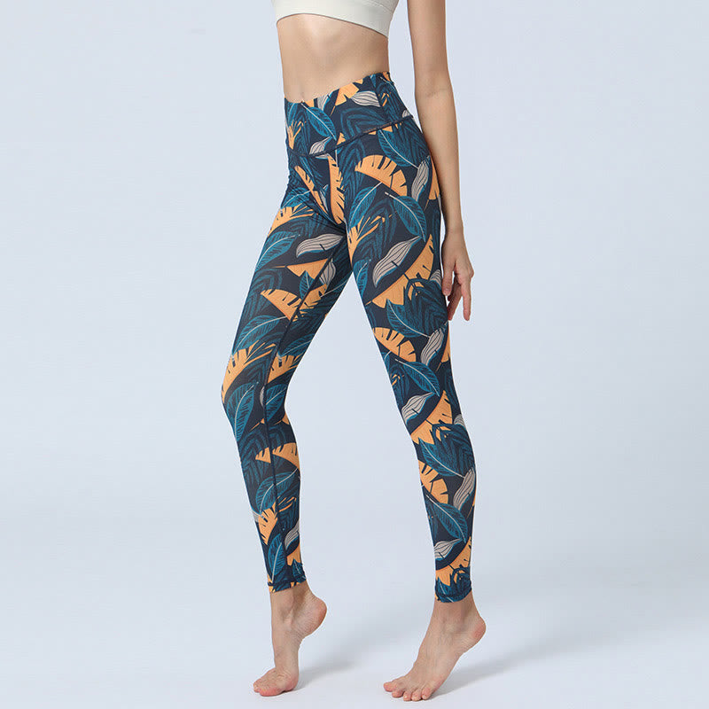 Buddha-Steine-Blätter-Muster, Sport, Fitness, Yoga, hohe Taille, Leggings für Damen - Orangeblaue Blätter - US8-10， UK/AU12-14，EU40-42 (XL) - image 13