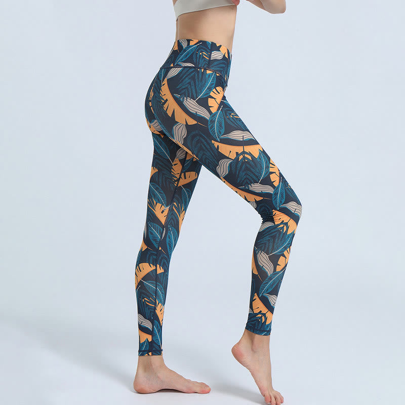 Buddha-Steine-Blätter-Muster, Sport, Fitness, Yoga, hohe Taille, Leggings für Damen