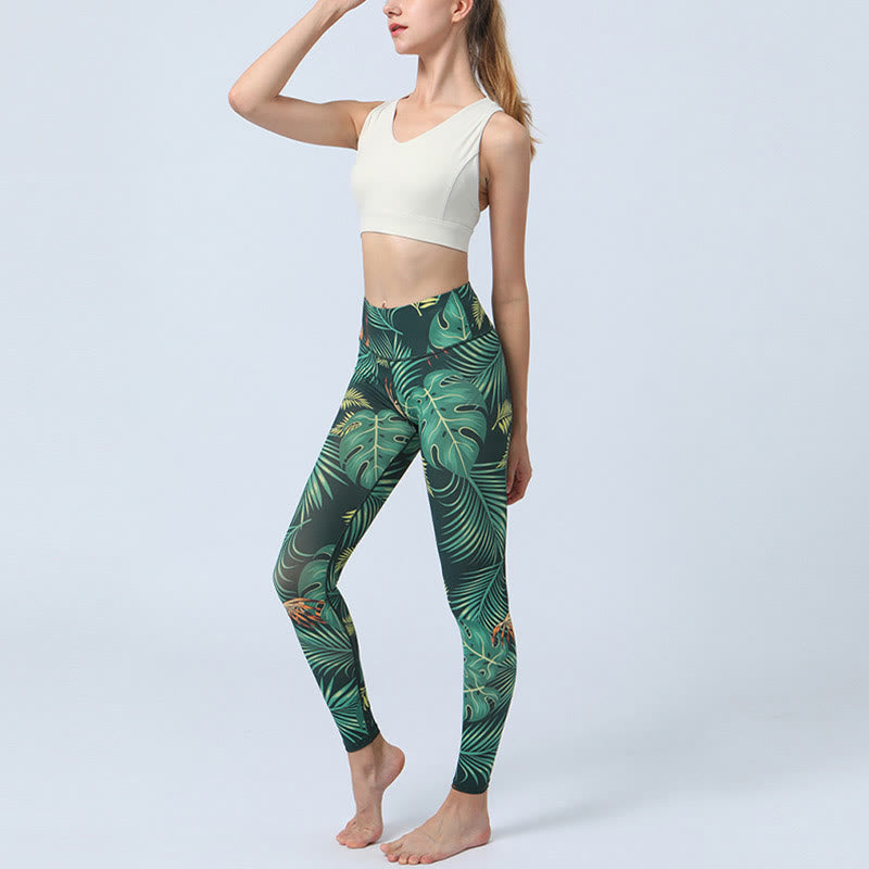 Buddha-Steine-Blätter-Muster, Sport, Fitness, Yoga, hohe Taille, Leggings für Damen