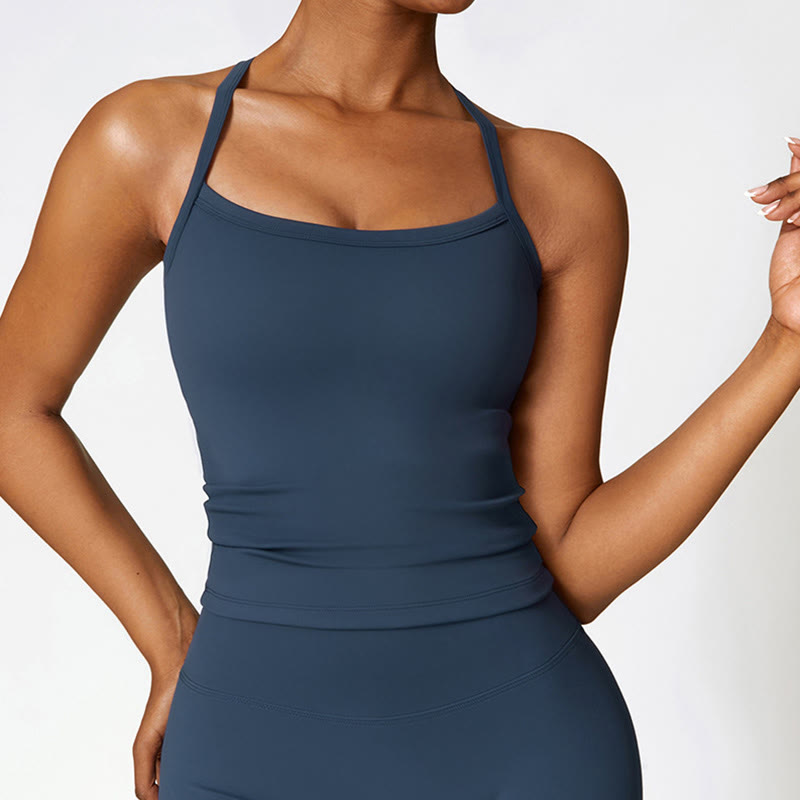 Buddha Stones Einfarbiges kurzes Tanktop mit hoher Taille und Shorts für Sport, Fitness, Fitnessstudio, Yoga-Outfits - Dunkelblau - Spitze - US8-10， UK/AU12-14，EU40-42 (XL) - image 0