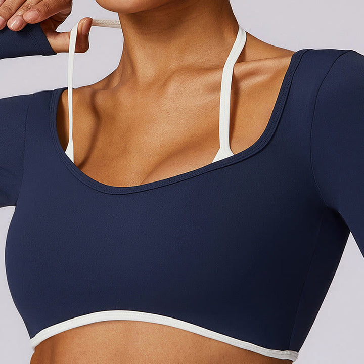 Buddha Stones Einfarbig Neckholder-BH Langarm Crop Tank Top Hose Sport Fitness Gym Yoga Outfits - image 9