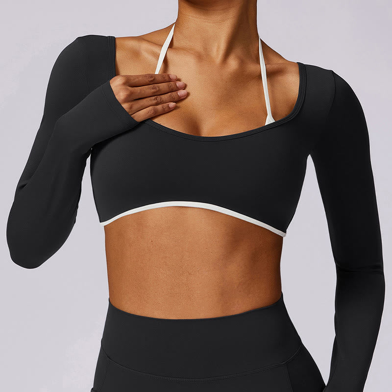 Buddha Stones Einfarbig Neckholder-BH Langarm Crop Tank Top Hose Sport Fitness Gym Yoga Outfits - image 29