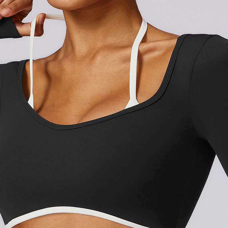 Buddha Stones Einfarbig Neckholder-BH Langarm Crop Tank Top Hose Sport Fitness Gym Yoga Outfits - image 30