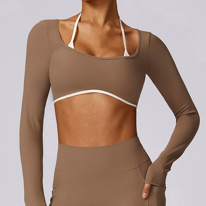 Buddha Stones Einfarbig Neckholder-BH Langarm Crop Tank Top Hose Sport Fitness Gym Yoga Outfits - image 47