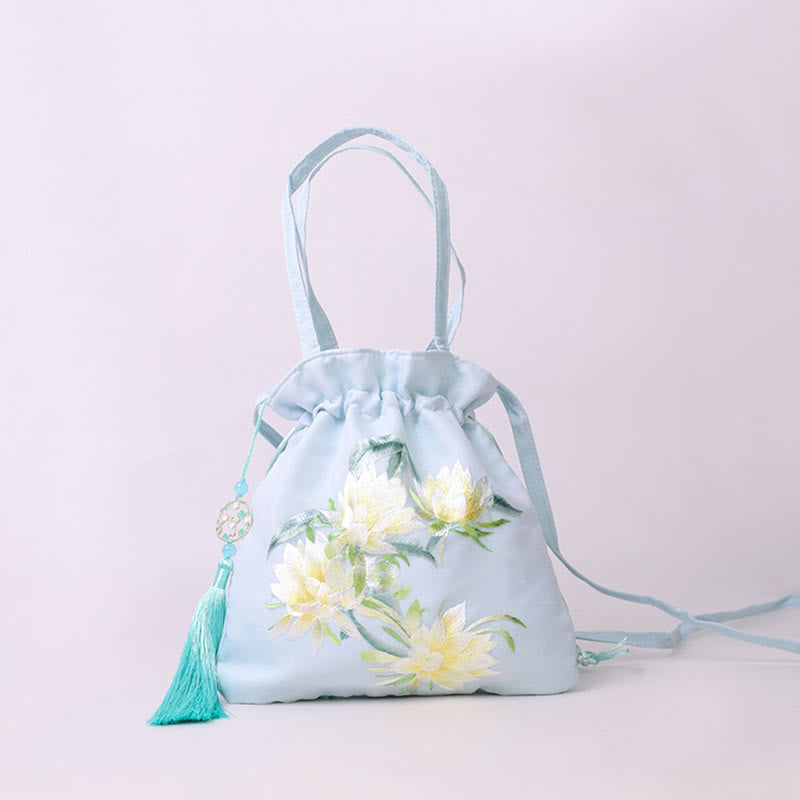Buddha Stones Suzhou Stickerei Lotus Hirsch Epiphyllum Pfingstrose Kaninchen Baumwoll-Leinen Tote Crossbody Tasche Schultertasche Handtasche - Hellblaues Epiphyllum 21 x 22 cm - image 0