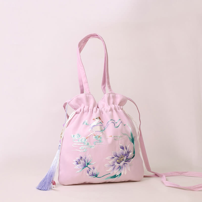 Buddha Stones Suzhou Stickerei Lotus Hirsch Epiphyllum Pfingstrose Kaninchen Baumwoll-Leinen Tote Crossbody Tasche Schultertasche Handtasche - Hellviolette Lotus-Feenhirsch-Figur, 21 x 22 cm - image 7