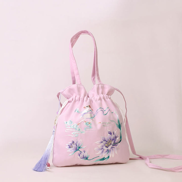Buddha Stones Suzhou Stickerei Lotus Hirsch Epiphyllum Pfingstrose Kaninchen Baumwoll-Leinen Tote Crossbody Tasche Schultertasche Handtasche - Hellviolette Lotus-Feenhirsch-Figur, 21 x 22 cm - image 7
